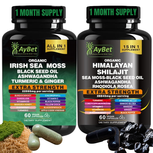 AyBet Sea Moss Shilajit Combo Bundle Sea Moss 10000mg Shilajit 12000mg Black Seed Oil 12000mg Ashwagandha 4000mg Rhodiola Rosea1000mg Burdock 4000mg Turmeric 2500mg Ginger VitC VitD3 (60)