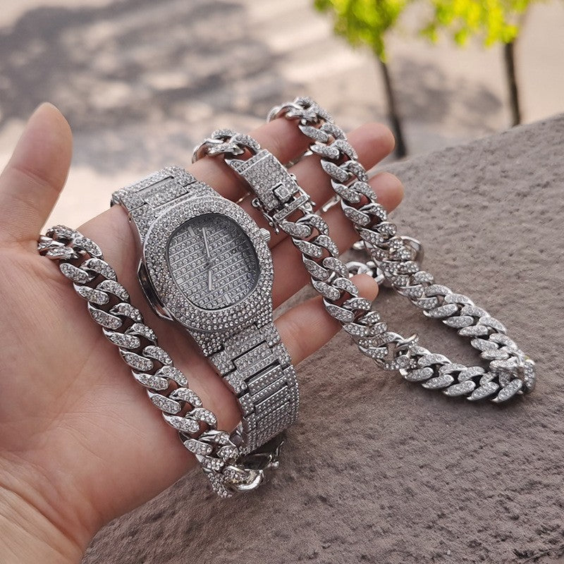 Gold-Plated Hip Hop Men's Jewelry Set with Rhinestones