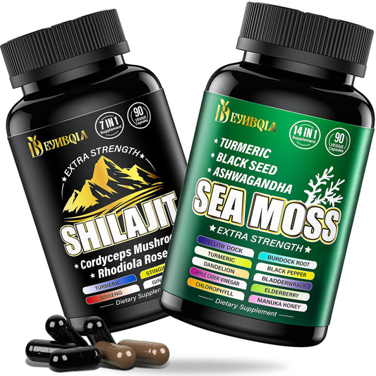 EYHBQIA Sea Moss and shilajit Bundle - 90 Count - Sea Moss Black Seed Oil Ashwagandha Turmeric & Shilajit Rhodiola RoseaBurdock Bladderwrack 21 in 1 Supplements (2 Packs) Brown
