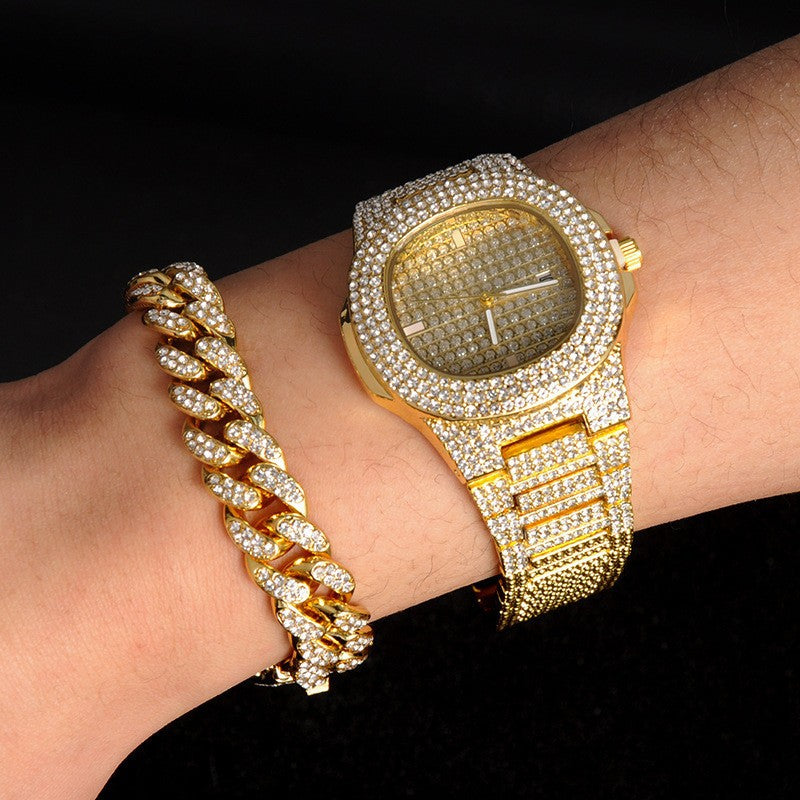 Gold-Plated Hip Hop Men's Jewelry Set with Rhinestones