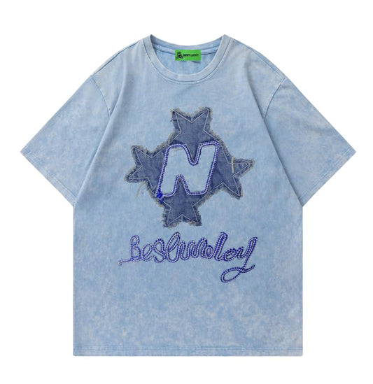 BestLucky Star Shirt Y2k Oversized Graphic Tees for Men Unisex Vintage Streetwear Shirts Blue