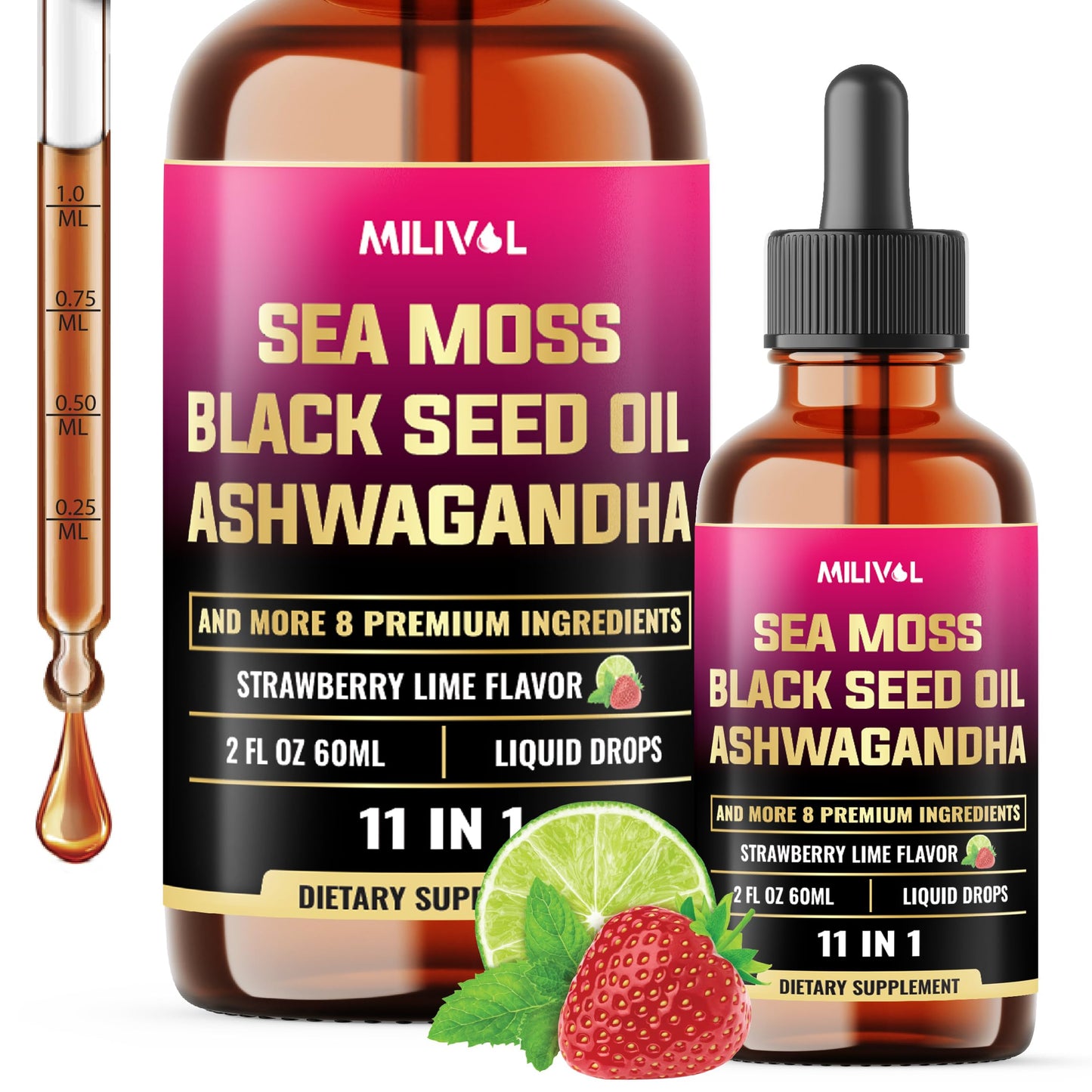 MILIVOL 11in1 Sea Moss Liquid Drops - Irish Sea Moss with Black Seed Oil Ashwagandha & 8 Other - Supplement for Immune Skin Digestion - 2 Fl Oz - 60 Days